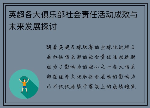 英超各大俱乐部社会责任活动成效与未来发展探讨 英超各大俱乐部社会责任活动成效与未来发展探讨